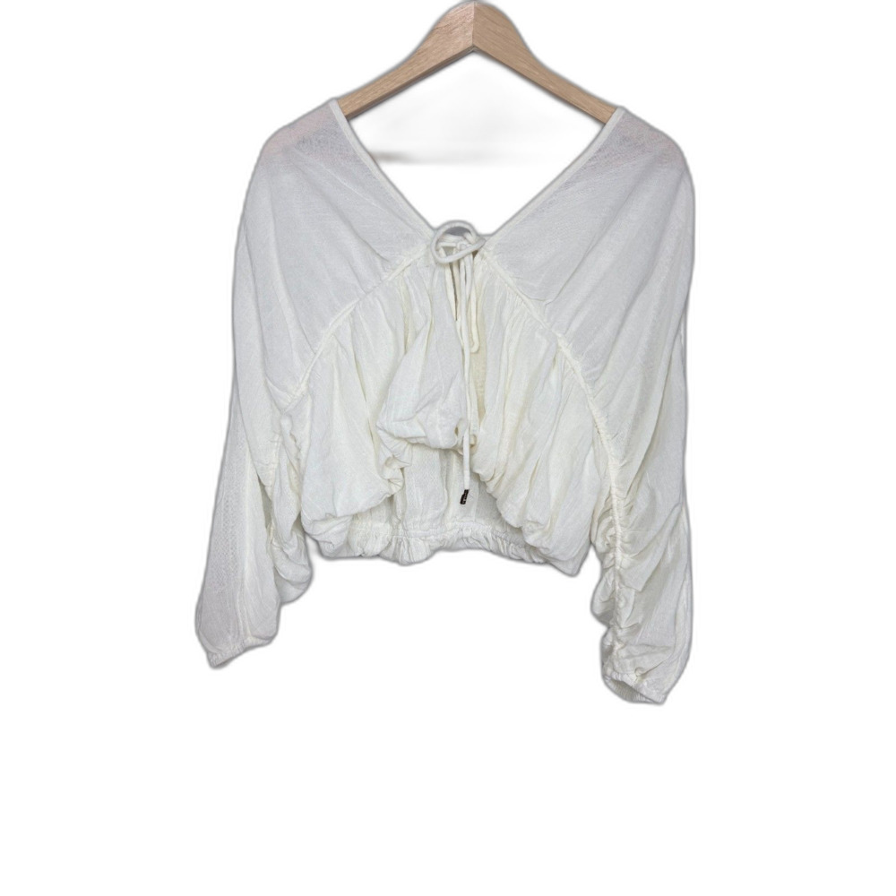 Free People Free-est Blouse M Ivory Tie Front Cropped Peasant Boho Cottagecore